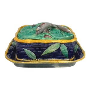 A Victoria Pottery Majolica Cobalt Basketweave Sardine Box, English, Ca. 1883