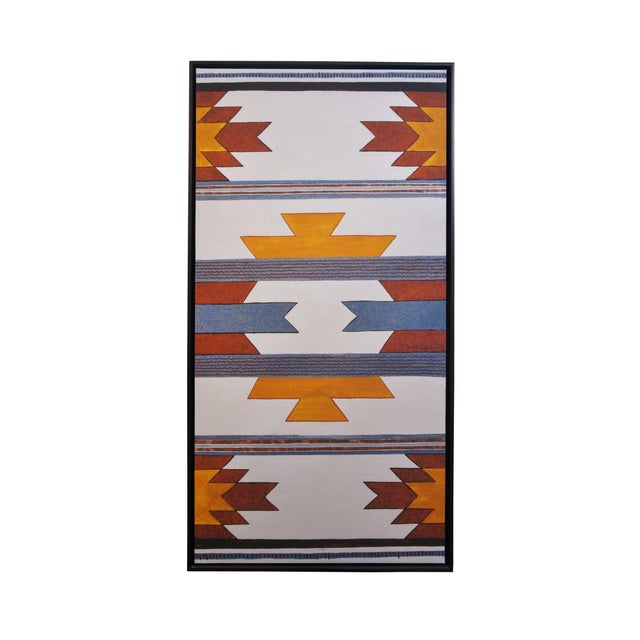 Rustic Late 20th Century Native Pecos Southwestern Navajo Geometric Textile Tribal Rug Oil Painting 42" For Sale - Image 3 of 12