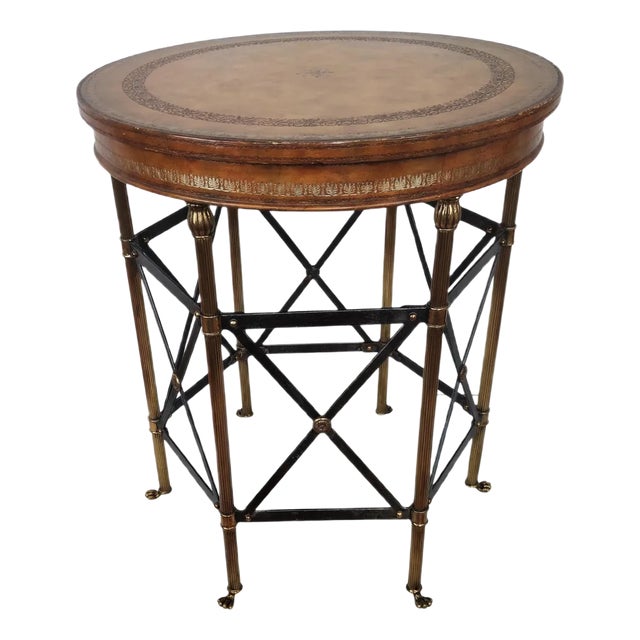 Neoclassical Hollywood Regency Side Table in Brass, Metal & Tooled Leather Top For Sale