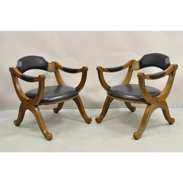 Vintage Drexel Esperanto Mid Century Spanish Style Curule Game Chairs with Original Black Vinyl Upholstery- Set of 6....