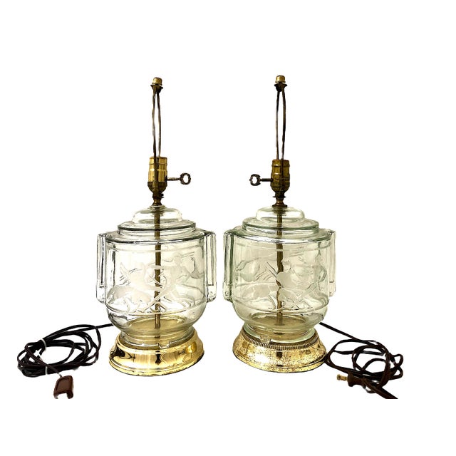 Art Deco Pair of Art Deco-Inspired Clear Glass and Brass Lamps With Shades For Sale - Image 3 of 12