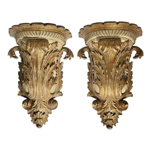 Pair 19th Century Large Carved Giltwood Wall Brackets in Italian Baroque Style