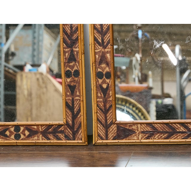 Brown Pair of Painted Wood Mirrors with Bamboo Frames and Tribal Motif Detailing For Sale - Image 8 of 12
