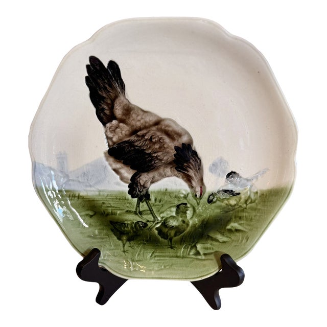 19th Century French Majolica Chicken Plate Signed Choisy Le Roi For Sale