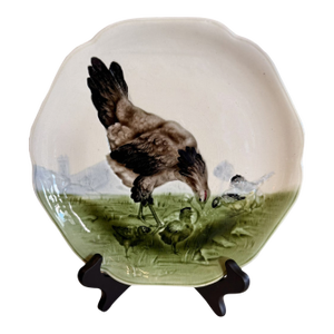 19th Century French Majolica Chicken Plate Signed Choisy Le Roi