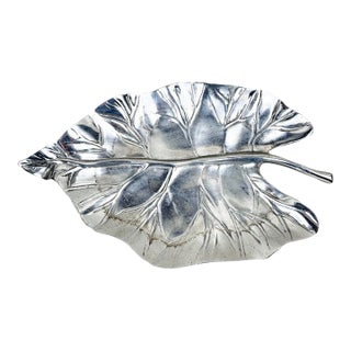 Vintage Sculptural Silver Pewter Leaf Platter For Sale