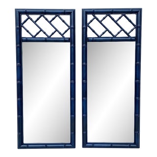 Chic Vintage Grand Pair of Dixie Aloha Faux Bamboo Mirrors in Bespoke Turtle and Crane Lapis Finish - A Statement Piece - Newly Painted For Sale
