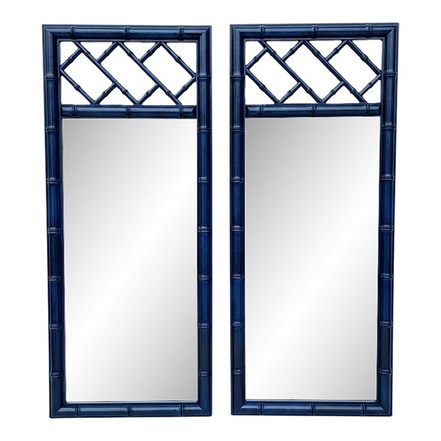 Vintage Grand Pair of Dixie Aloha Faux Bamboo Mirrors in Bespoke Turtle and Crane Lapis Finish - Dorothy Draper Style - Newly Painted For Sale