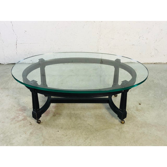 Vintage Oval Glass Top & Black Wood Coffee Table | Chairish