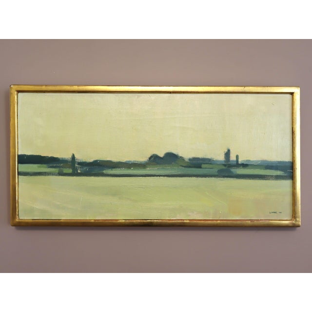 THE DISTANT GREEN Size: 13.2 x 26.6 inches (including frame) Oil on canvas A beautifully restrained mid-century abstract...