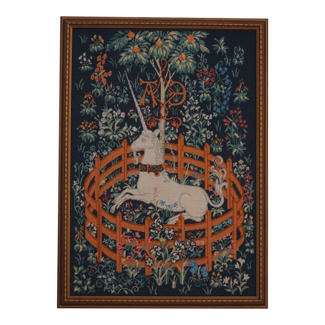 Unicorn in Captivity Hand Stitched Needlepoint in Frame For Sale