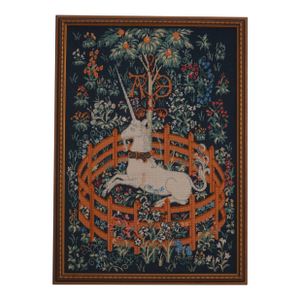 Unicorn in Captivity Hand Stitched Needlepoint in Frame