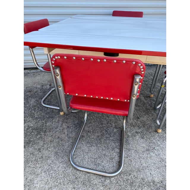 1950s Vintage Enamel Top Table With Extensions and 4 Chairs Set of 5