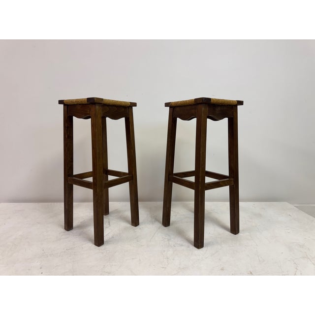 1960s Vintage French Bar Stools in Oak and Rush, 1960s, Set of 2 For Sale - Image 5 of 13