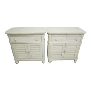 1970s Pair Wood Nightstand Shutter Style Two Doors One Drawer White Pull Out Tray Universal
