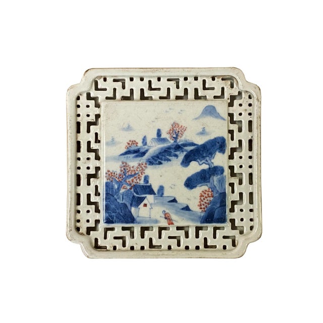Chinese Blue White Scenery Porcelain Coaster Stand Soap Holder For Sale - Image 9 of 9