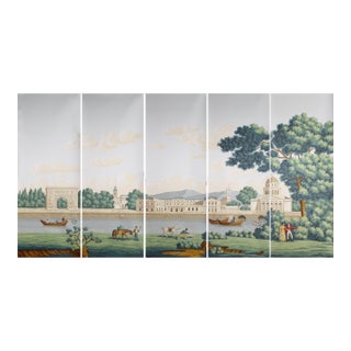 Neoclassical European Scenic Hand-Painted Panoramic Wallpaper, 5-Panel Set For Sale