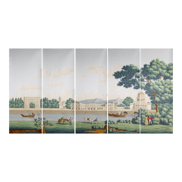 Neoclassical European Scenic Hand-Painted Panoramic Wallpaper, 5-Panel Set For Sale