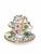 An elaborate three-piece porcelain ensemble with individually modelled flowers and foliage, painted bouquets, butterflies...