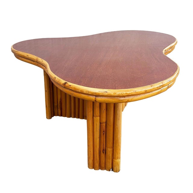 Mid-Century Modern 1950s Restored Large Mid-Century Biomorphic Amoeba Rattan & Mahogany Coffee Table For Sale - Image 3 of 8