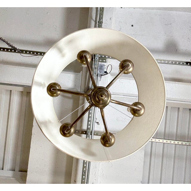 Metal Mid 20th Century Restored Six Arm Brass Drum Shade Chandelier For Sale - Image 7 of 8