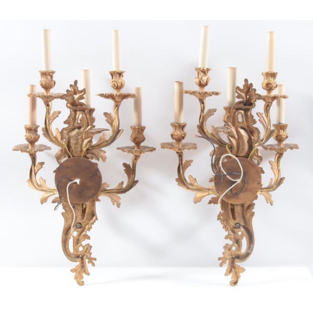Pair of French Louis XV Style Five-Light Gilt Brass Sconces For Sale - Image 9 of 9