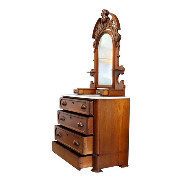 Victorian Carved Walnut Marble Top 3 Drawer Dresser With Extra Hidden Drawer C1880 For Sale - Image 3 of 12