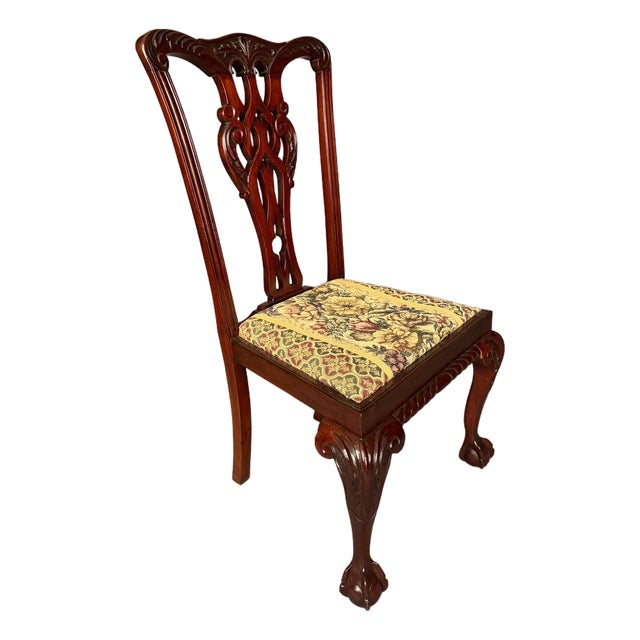 Antique Chippendale Style Mahogany Side Chair Set of 4 With Floral Upholstery, C. 1890 For Sale