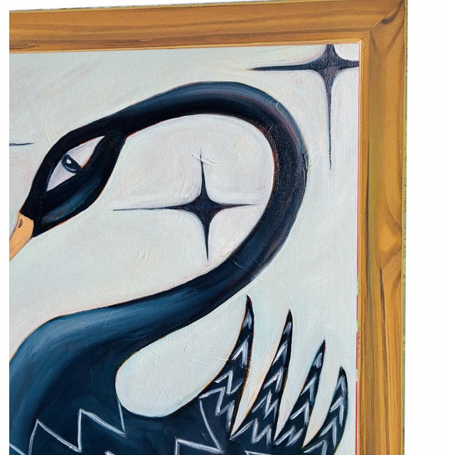 2020s Tatiana Duperault Black Swan Original Oil Painting, Mid-Century Style, Teak Wood Frame For Sale - Image 5 of 6