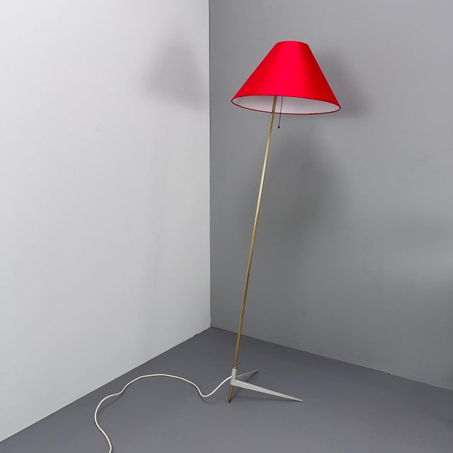 Metal Floor Lamp with Crows Foot and Red Silk Lampshade, 1950s For Sale - Image 7 of 9