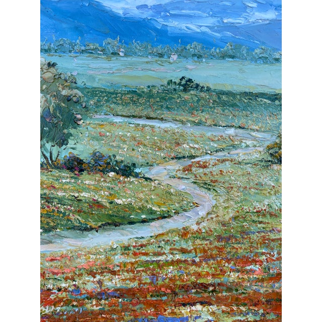 Large Modern Impressionist Oil Painting of Wildflower Field Stream and Mountain For Sale - Image 4 of 13