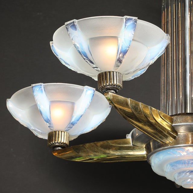 Art Deco Brass Petitot Chandelier W/ Glass Rods & Opalescent Glass Shades For Sale - Image 15 of 18