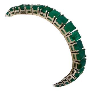 40 Ct Natural Emerald Cut Emerald Cocktail Tennis Bracelet 14 Kt White Gold 7.5" For Sale