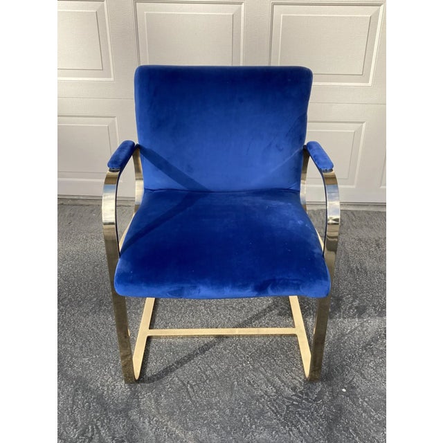 1980s Brueton Brass and Blue Velvet "Ghia" Chairs by Charles Gibilterra, Set of 4 For Sale In Palm Springs - Image 6 of 12