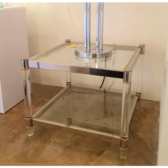 Vintage chrome, lucite and glass square side table with brass and chrome accents, attributed to Maison Jansen. France,...