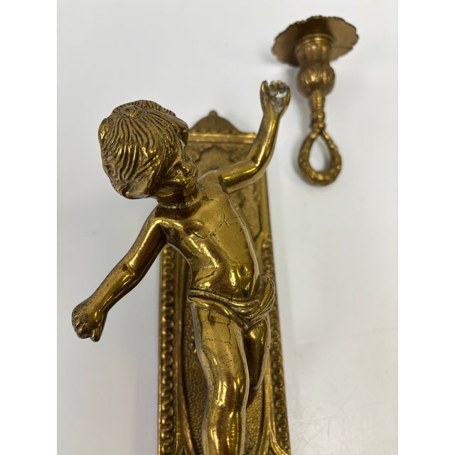 Pair of Antique Baroque Gilded Bronze Angel Sconces, France, 1920s (2) For Sale - Image 4 of 11