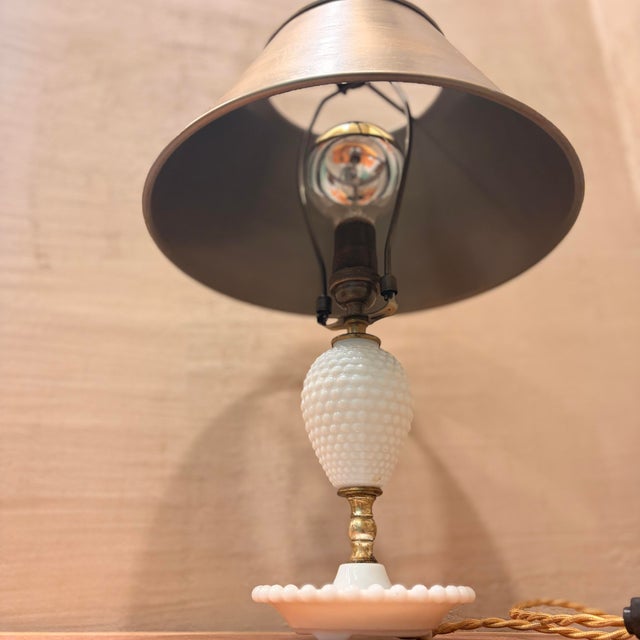 Fenton Art Glass Company Vintage Hobnail Milk Glass Table Lamp With Antique Brass Shade For Sale - Image 4 of 5