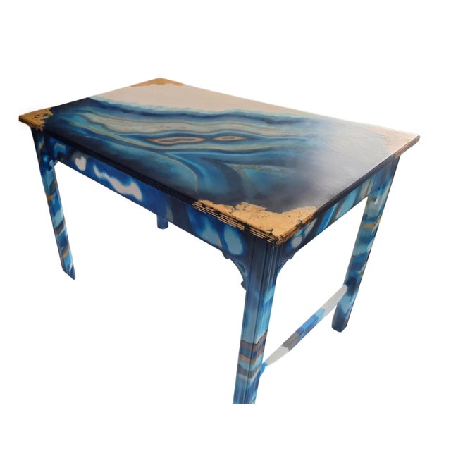 Wood 1960s Writing Desk | Hand Painted Blue Geode Inspired Desk With Gold Accents | One-of-a-Kind Statement Furniture For Sale - Image 7 of 9
