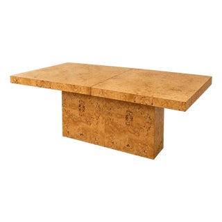 Milo Baughman Style Burl Wood Extendable Pedestal Dining Table For Sale