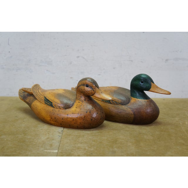 Late 20th Century Mid 20th Century Chinese Hand-Carved Wood Mallard Drake and Hen Duck Decoys Pair 10" For Sale - Image 5 of 14