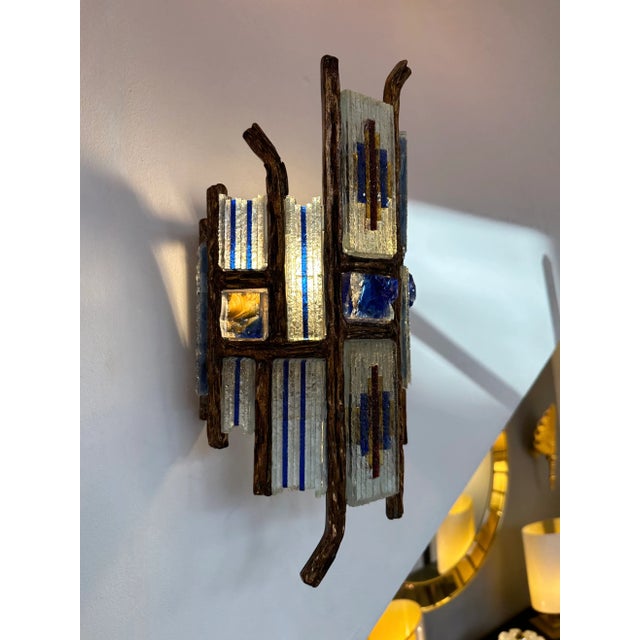 Blue Pair of Hammered Glass Wrought Iron Sconces by Longobard, Italy, 1970s For Sale - Image 8 of 13