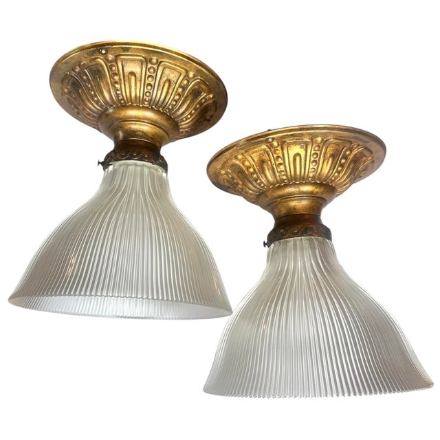 American Pair Holophane Fluted Flushmounts on Old Embossed Brass Holders, Original Patina Circa 1920 For Sale - Image 3 of 6