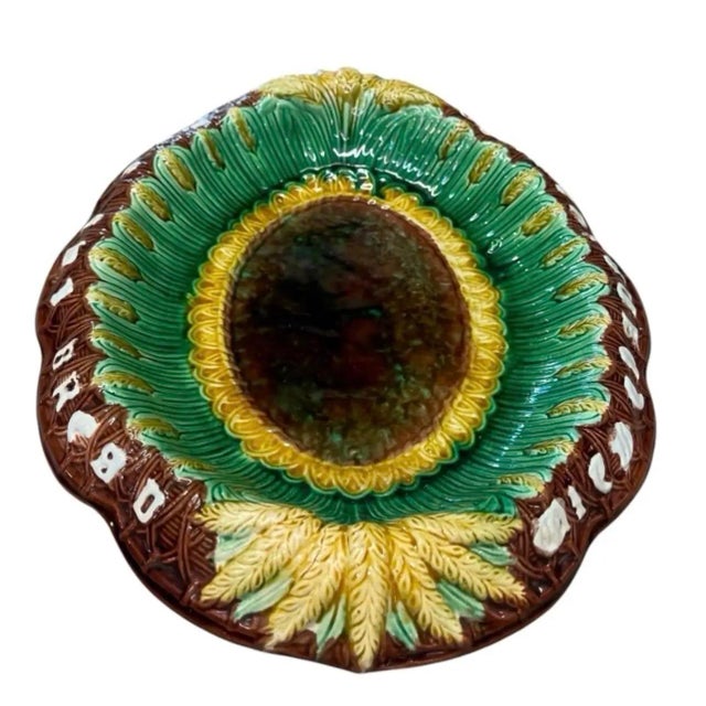 Vintage Majolica Style Bread Plate / Dish - "Bread Is the Staff of Life" / Wheat & Basketweave Motif For Sale - Image 4 of 12