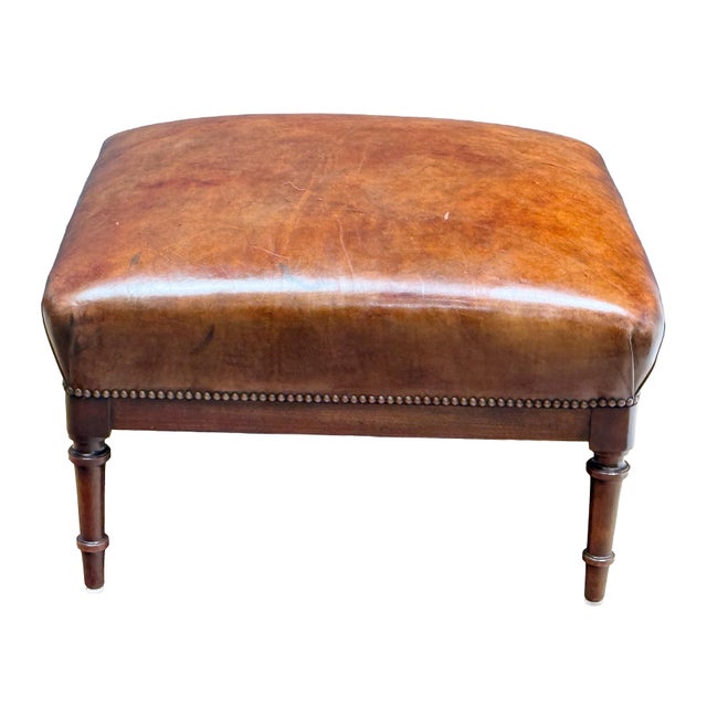 French Leather Ottoman Seat or Stool on Turned Walnut Frame For Sale - Image 4 of 11