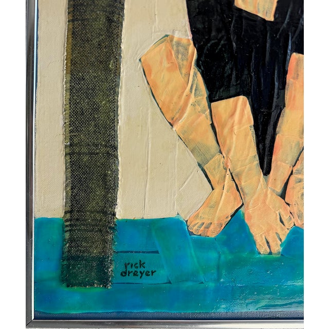 Teal Vintage Seaside Beach Scene Mixed Media Painting, by Rick Bryer For Sale - Image 8 of 8