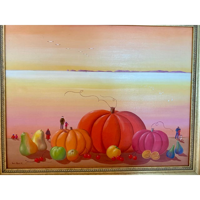 Fabulous vintage surrealist still life painting by listed French artist Michele Vert-Nibet. Oil on canvas measures 20” x...