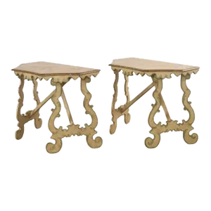 Pair of Italian Baroque Style Painted Faux Marble Top Consoles