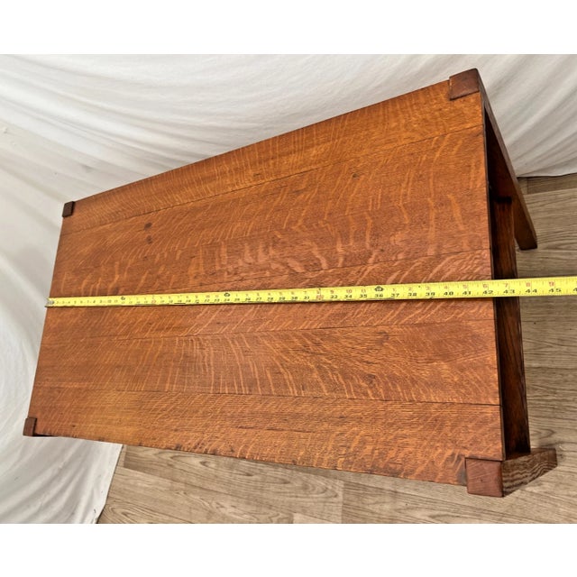 Antique Mission Arts and Crafts Library Desk, Drawer, Tiger Oak, Side Shelves For Sale - Image 9 of 12