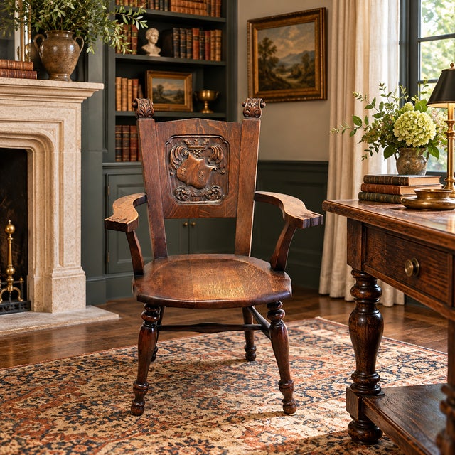 Antique Jacobean Revival carved oak armchair, circa 1900, featuring a distinctive heraldic shield with two crosses,...