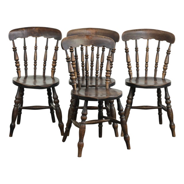 Antique English Wooden Windsor Bistro Chairs, 1800s, Set of 4 For Sale